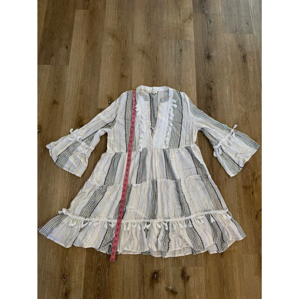 Paani Mini Dress Womens Small White Blue Gold Metallic‎ Boho Tassel Tiered